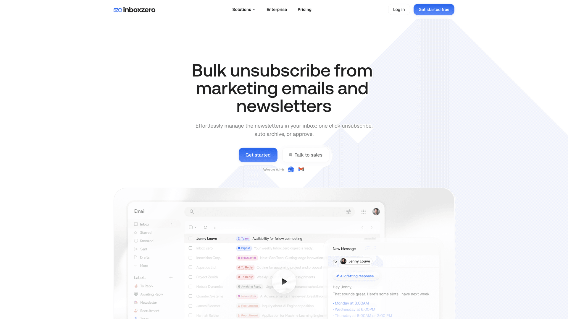 Inbox Zero Bulk Email Unsubscriber page showing one-click unsubscribe, auto-archive, and approve options for newsletter management