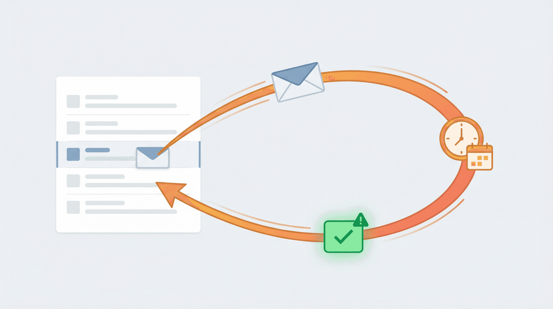 Editorial illustration of the boomerang email concept: an email arcing away and returning as a follow-up reminder, symbolizing send-later and scheduling