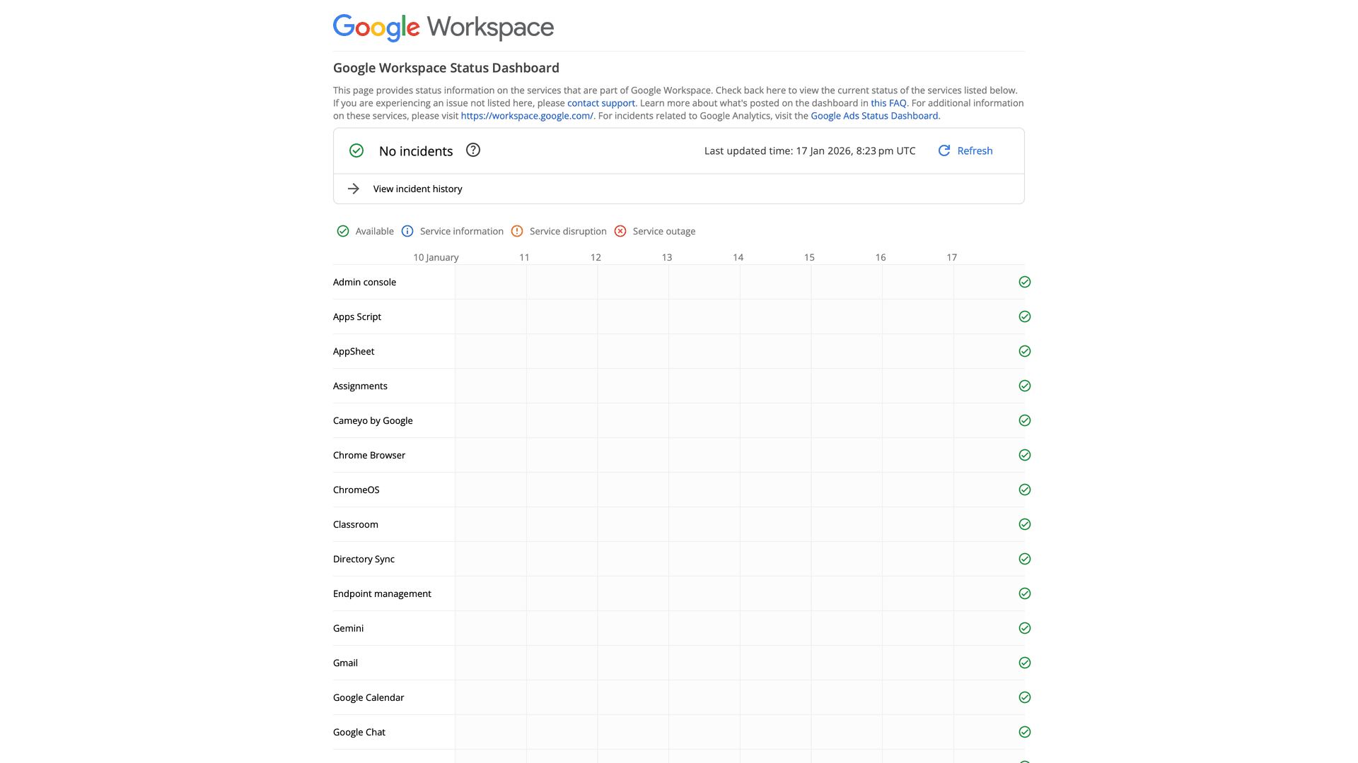 Google Workspace Status Dashboard showing Gmail service availability and recent incidents