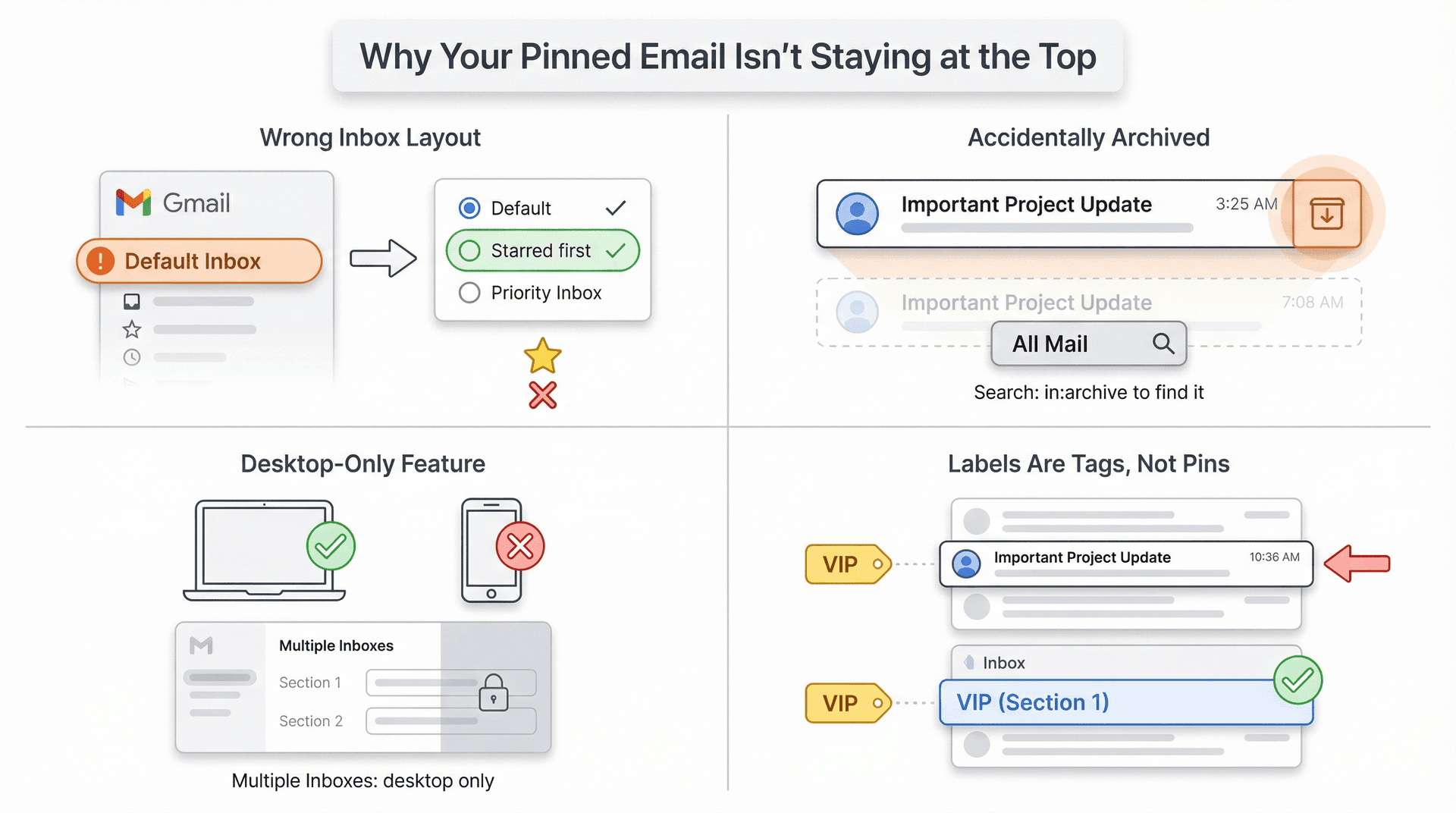 Four-panel troubleshooting diagram showing why Gmail pinning fails: wrong inbox layout, accidental archive, desktop-only feature, and labels as tags