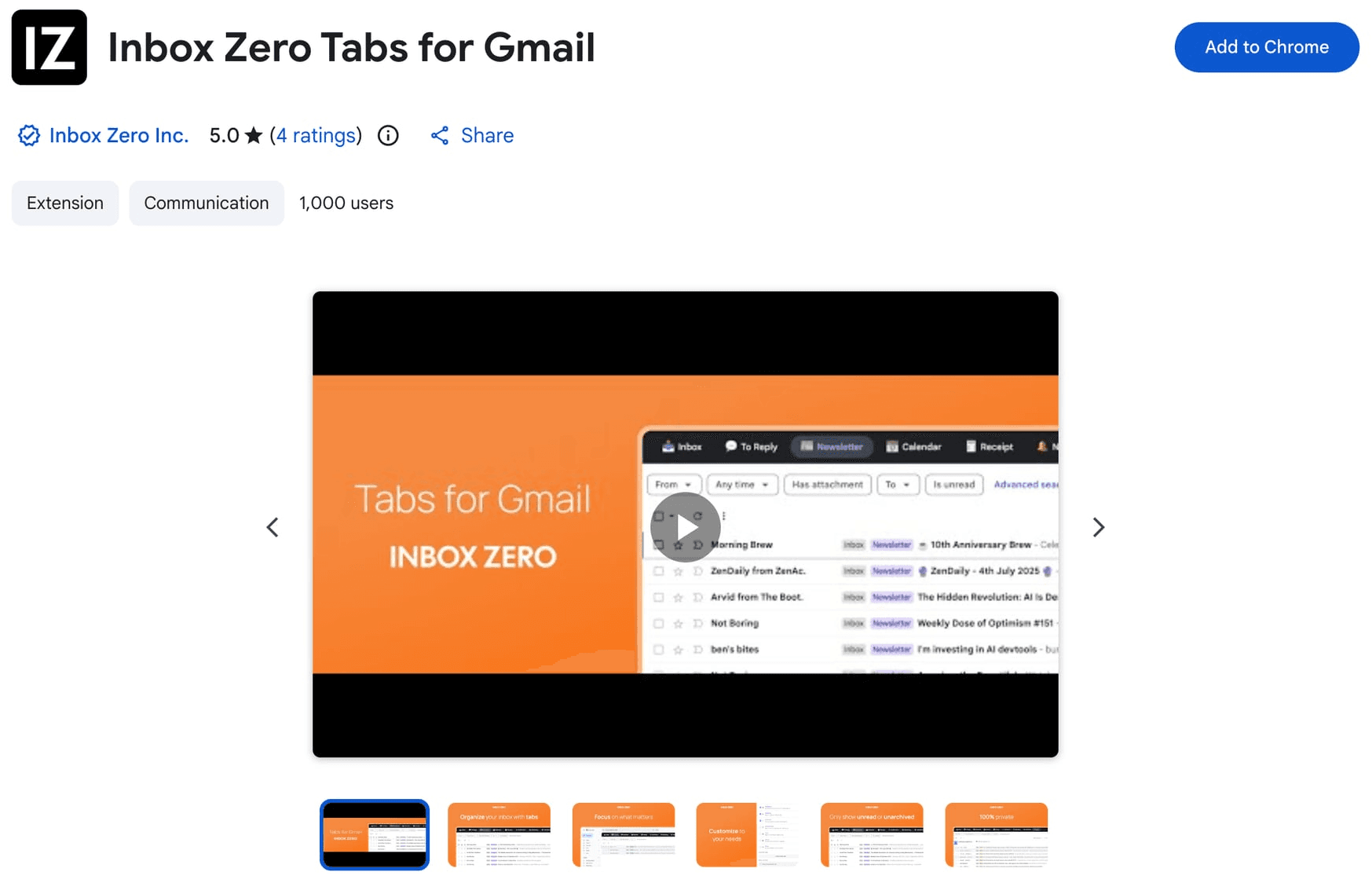 Chrome Web Store listing for Inbox Zero Tabs for Gmail extension showing 5-star rating and 1,000 users with the Gmail tabs interface preview