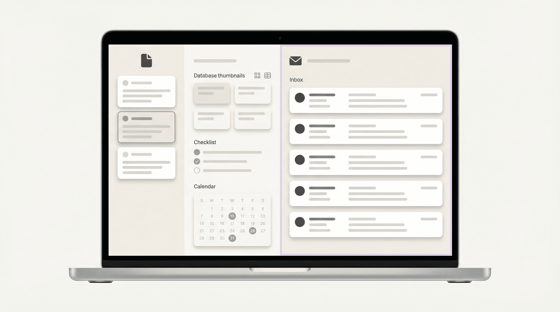 Editorial illustration of a Notion workspace with email seamlessly embedded as part of the same productivity environment