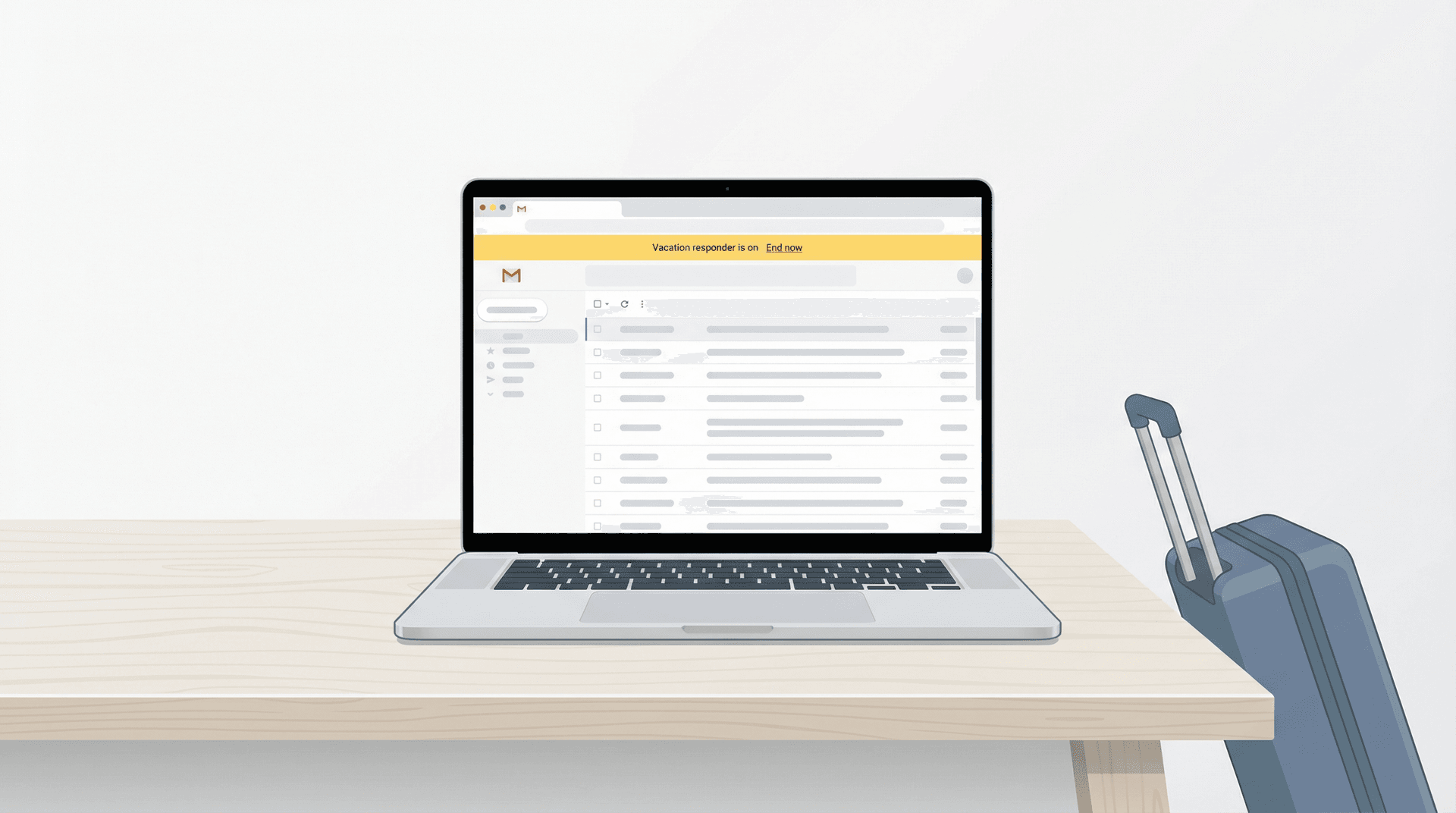 Laptop showing Gmail vacation responder active with a travel suitcase nearby, email handled before going on vacation