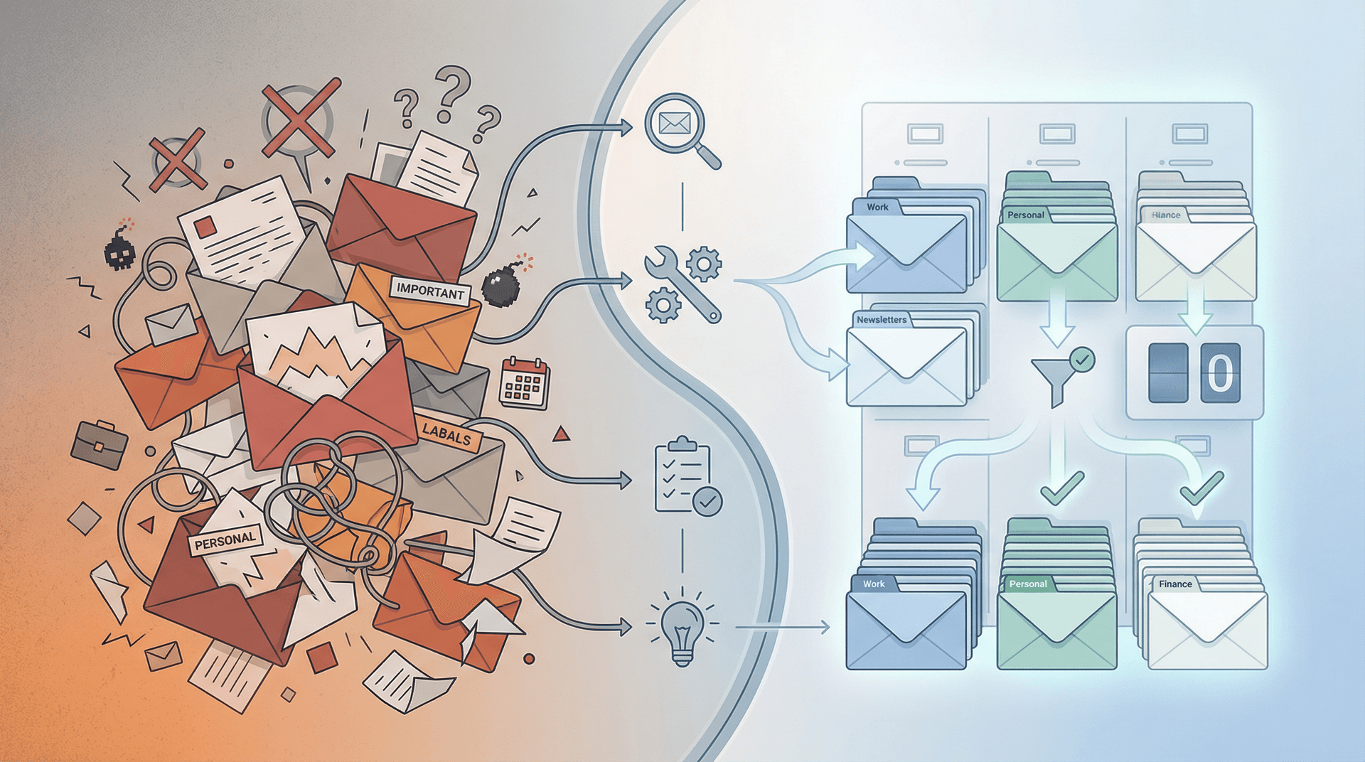 Split illustration showing chaotic inbox transforming into organized, filter-managed email system