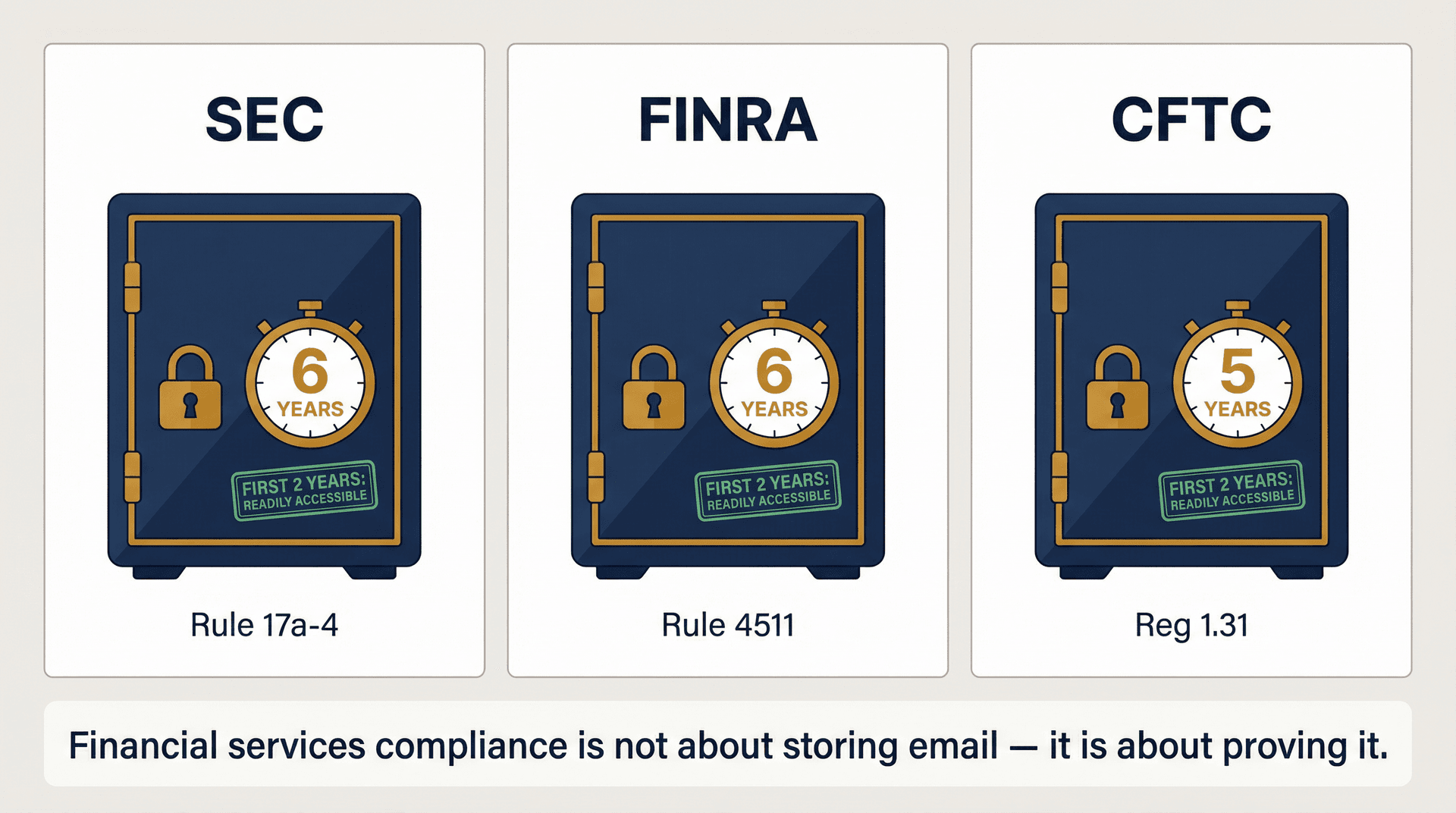 Editorial illustration showing SEC, FINRA, and CFTC email retention timelines as stacked archival vaults with 6-year and 5-year time locks